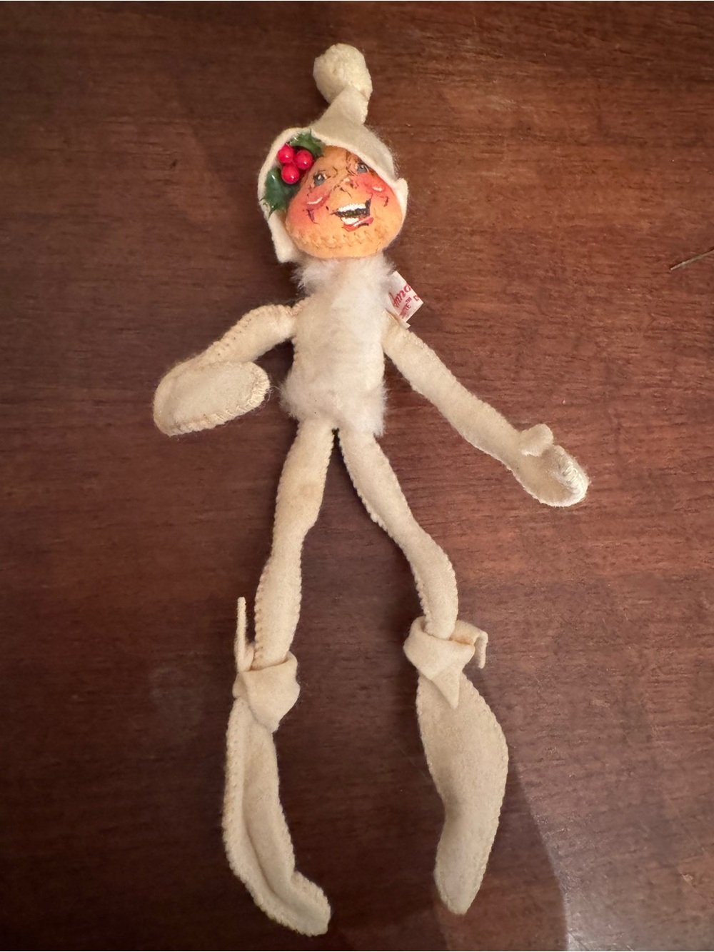 Annalee 1957 White Felt Christmas Elf with Holly Hat Vintage Holiday Doll